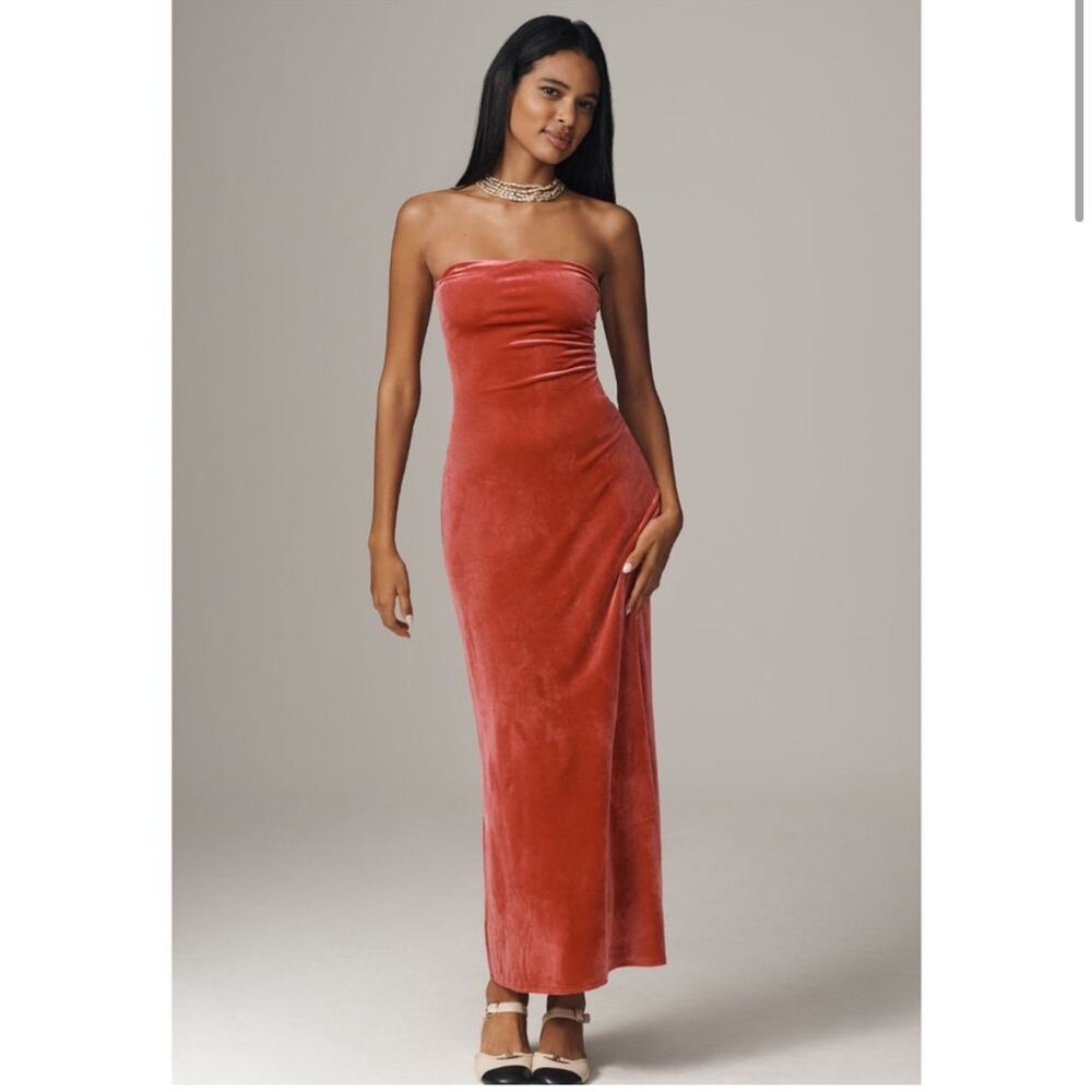 Anthropologie Strapless Velvet Dress in Warm Rust